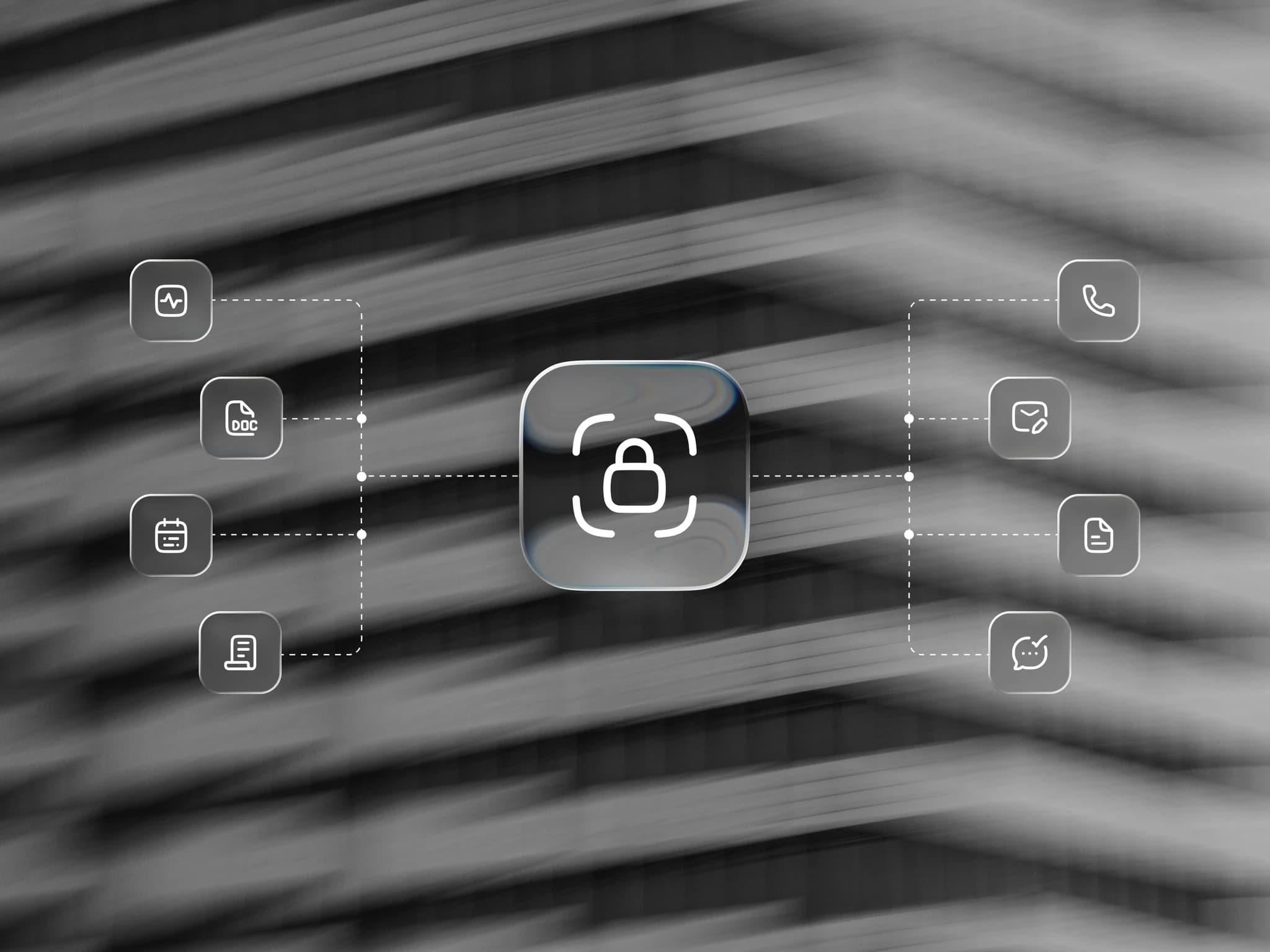 Blurred façade, a padlock at the centre linked to the firm's access points